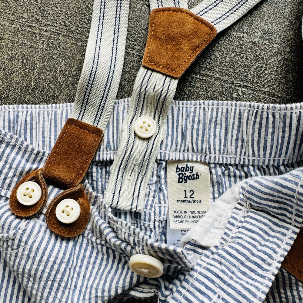 Blue & White Pinstripe Kids Overalls with Brown Faux-Leather Suspenders - Picture 5 of 5